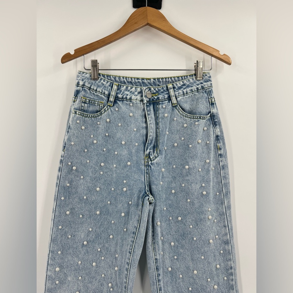 Pearl embellished straight leg statement jeans S coquette feminine spring - Picture 5 of 11